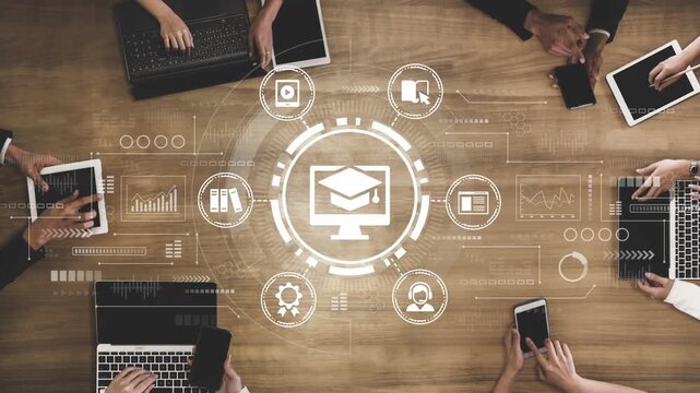 Diverse Group Engaging in Digital Education with Laptops and Tablets on Wooden Table Surrounded by Educational Technology Icons. Entropy.