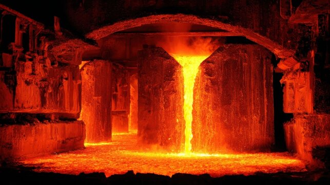 Molten orange metal glowing intensely as it pours from a heated industrial furnace, a powerful display of manufacturing and material transformation.