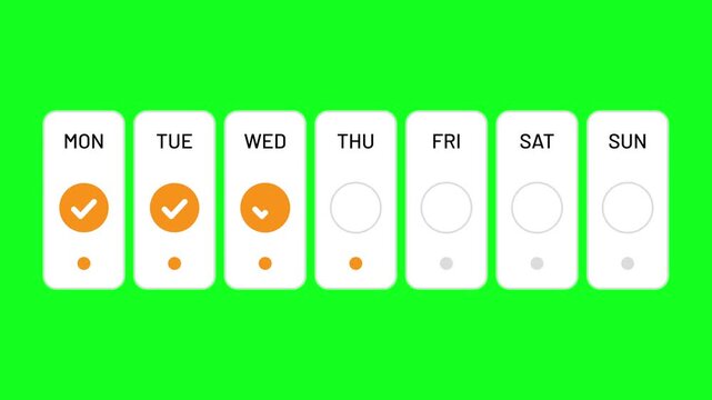 Weekly habit tracker. Seven day habit tracker with white buttons and orange completion marks on green background. Suitable for goal setting apps.