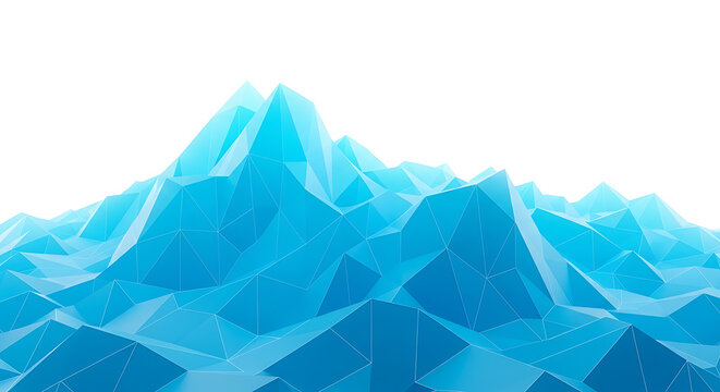 Low poly 3D render of stylized blue mountain peaks covered in snow with a bright white background mountain landscape stylized geometric background triangle graphics environment