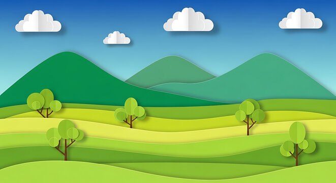 Paper craft landscape illustration featuring rolling green hills trees white clouds against a blue sky landscape illustration environment outdoors