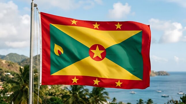 Flag of grenada waving in the wind with a scenic ocean view