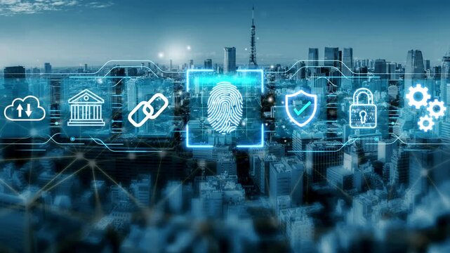 Futuristic Digital Security Concept with Fingerprint Identification and City Skyline Representing Data Protection and Technology Advancement. Entropy.
