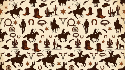 Fototapeta premium Western Cowboy Pattern with Horses, Boots, and Cacti - A Rustic American Design