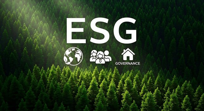E S G concept with over green forest background trees environmental