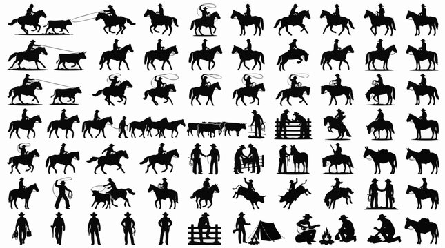Collection of Cowboy and Western Life Silhouettes Depicting Horse Riding and Rural Activities