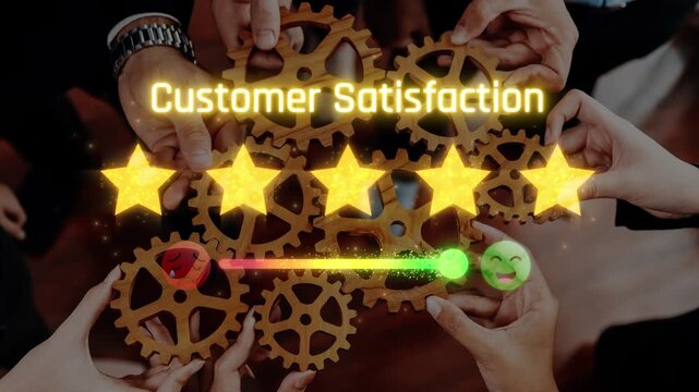 This image showcases collaborative hands working with gears to symbolize customer satisfaction and positive feedback in a business setting, highlighting teamwork and quality service. Raster