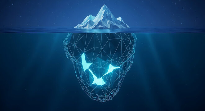 Conceptual digital iceberg glowing with light showing deep underwater structure underwater abstract environment technology visualization