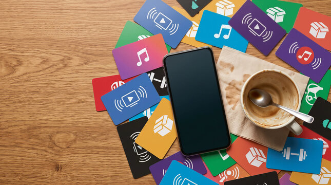 Digital overload workspace with scattered subscription icons and empty coffee cup showing fatigue and distraction in modern lifestyle balance between media and productivity stress