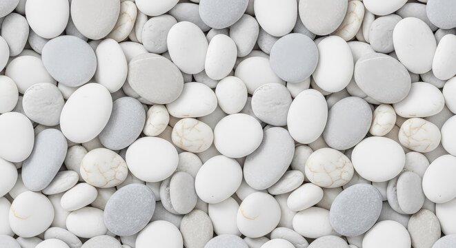 A high-resolution seamless texture of smooth white and gray pebbles creates a beautiful repeatable pattern for natural background design, clean, pavement, detailed