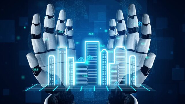 Futuristic Robotic Hands Displaying Digital Cityscape with Data Analytics and Graphs in the Background. Entropy.