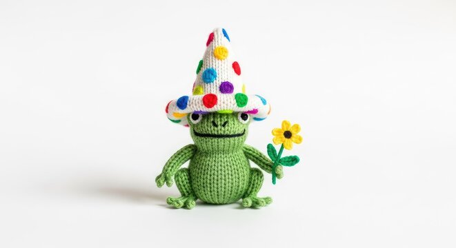 A miniature knitted green frog sitting on a white background wearing an oversized colorful polka dot party hat and holding a tiny flower, miniature, whimsical, macro photography