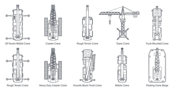 Top View Crane Vehicle Collection Technical Line Art Vector Set Isolated on White Background, Mobile, Tower, Crawler, Truck and Floating Crane Blueprint Illustration