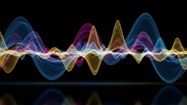 Abstract colorful sound wave frequencies oscillating on a black background.