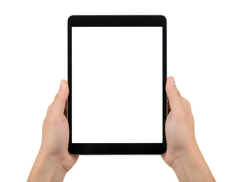Person holding a digital tablet with a blank screen isolated on white background