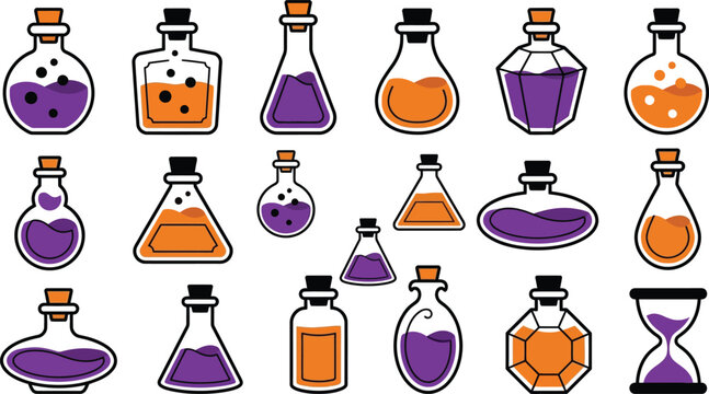 Set of Halloween potion bottles and magical elixirs