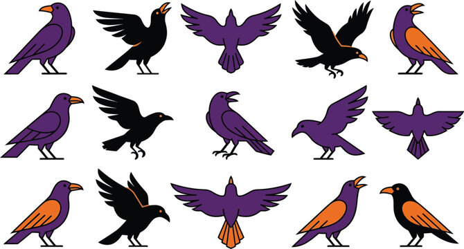 Set of Halloween crows and ravens in flight and standing poses