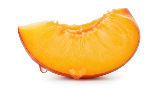 A vibrant, juicy slice of a fresh peach fruit with smooth skin and orange pulp, perfectly isolated on a clean white studio background, slice, summer, fruit