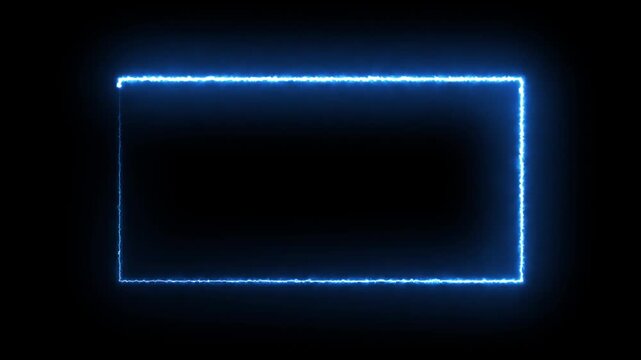 Blue energy rectangle frame glows and pulses on black background motion.
