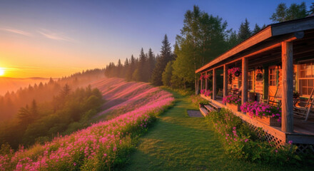 Fototapeta premium Idyllic Mountain Cabin Retreat At Sunrise With Wildflower Meadows