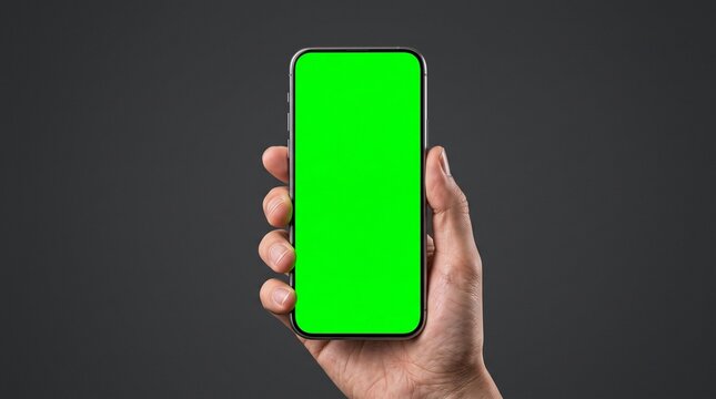 mockup Hand Holding mobile phone with green screen on black background Template wide ratio 16:9