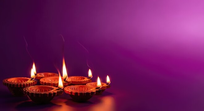 Elegant festive background showcasing traditional clay oil lamps flickering with warm golden light against a deep purple gradient backdrop, celebration, graphic, flame