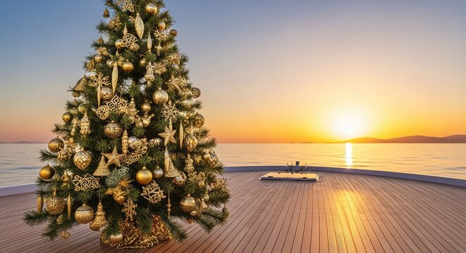 Elegant festive tree adorned with gold ornaments stands on a teak wood boat deck against a sunset sea horizon during a luxury cruise trip, calm, baubles, sailing