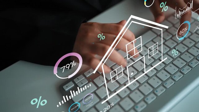Business professional working on laptop with digital graph and house icons symbolizing real estate market analysis and investment opportunities. Entropy.