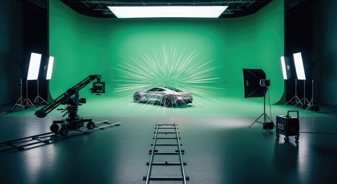 Modern high-end production set with a vibrant green screen backdrop and professional cinematography gear creating a zooming motion blur, video, action, broadcasting