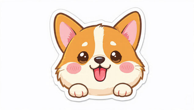 Adorable cartoon corgi face with big eyes and pink cheeks, tongue out, concept for pet blogs, children's books and cute sticker designs