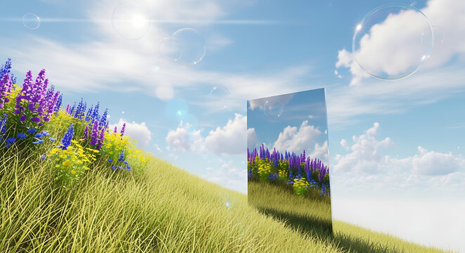A mirrored panel standing in a green meadow reflecting the bright blue sky with wildflowers reflection landscape wildflowers illusion sunlight outdoors installation environment conceptual
