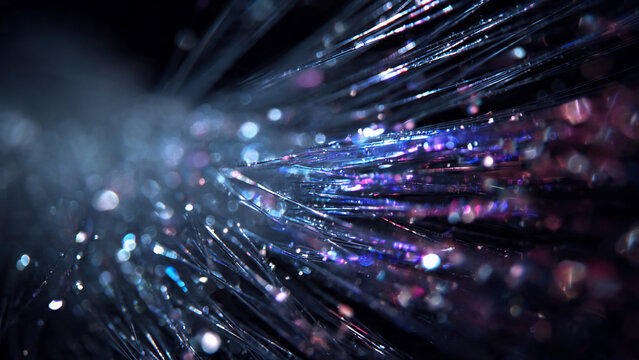 Abstract shimmering fibers with bokeh lights, close-up, concept for technology, data and science backgrounds