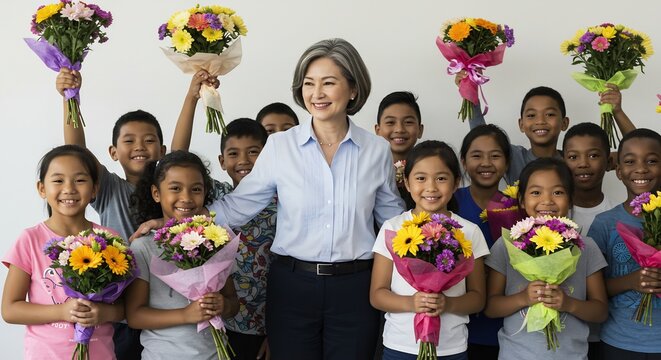 明るい光の中で笑顔の子供たちが優しい先生にカラフルな花束を差し出し心からの感謝と喜びを伝える温かい瞬間. AI Generated