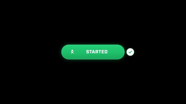 Electric blue neon call to action button tapped by cursor swapping to emerald confirmation with rocket icon and checkmark on black background for luma key overlay, 4K UHD 16:9 motion graphics