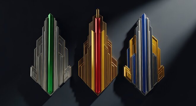 Triple arrangement of stylized forms in art deco style, featuring sharp lines, metallic reflections, and bold lighting for a vintage look, visual, contrast, 1920s