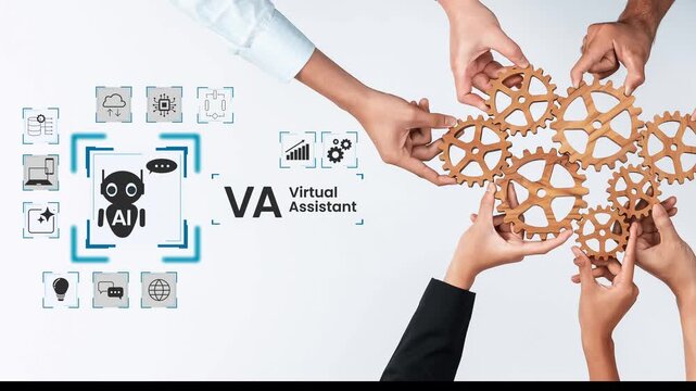 Hands Collaborating Around Gears and Virtual Assistant Concept, Emphasizing AI Technology and Supportive Work Environment for Modern Businesses Gluon.