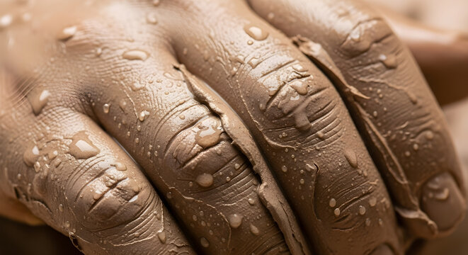 Textured hand covered in wet clay and water droplets - close-up macro detail