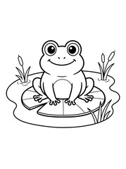 Fototapeta premium Cute cartoon frog sitting on a lily pad in a pond, outline vector illustration for kids coloring book