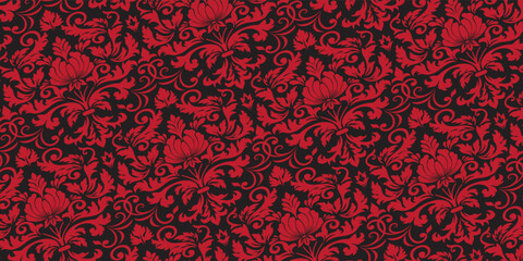 Damask pattern, floral ornament, seamless pattern, vintage design, decorative background, red floral, luxury motif © ROTIMAH