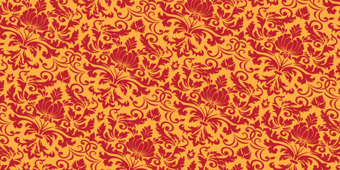 Damask pattern, floral ornament, seamless pattern, vintage design, decorative background, red floral, luxury motif © ROTIMAH