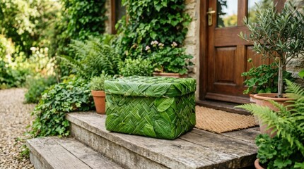 Fototapeta premium Stylish Green Leaf Pattern Storage Chest on Rustic Porch with Plants and Wooden Door