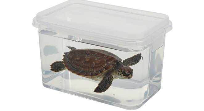 透明な観察容器の澄み切った水中で優雅に泳ぐ小さなウミガメの赤ちゃん白背景に明るい光が差し込みその繊細な甲羅を鮮明に映し出し生命の神秘を静かに際立たせる感動的な瞬間. AI Generated
