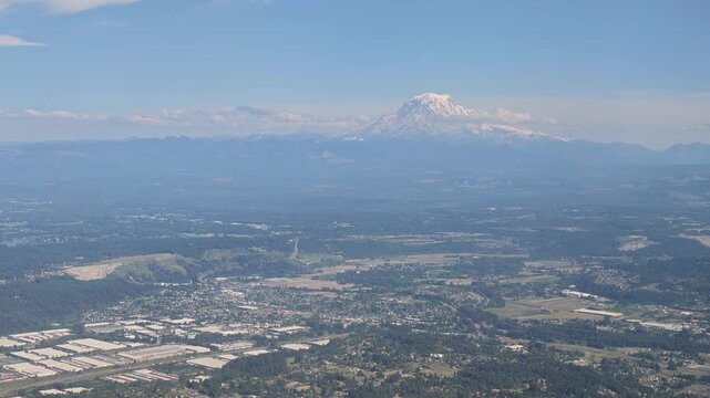 Aerial view of Mount Hood and Portland suburbs, Oregon