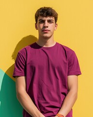 Obraz premium Young man in a vibrant magenta t-shirt posing against a bright yellow wall for modern lifestyle and identity concepts
