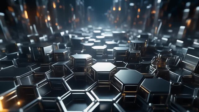 Metallic hexagonal pillars shifting in a rhythmic motion within this dark abstract digital animation background loop