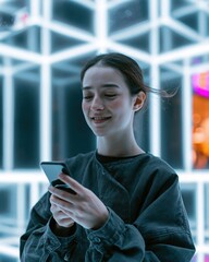 Fototapeta premium Smiling young woman holding a smartphone against a glowing geometric background of blue neon lights for urban lifestyle and digital connectivity concepts
