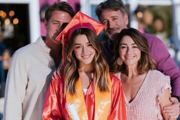 Fototapeta premium A smiling graduate in a bright orange gown stands with her proud family for graduation and academic achievement visuals