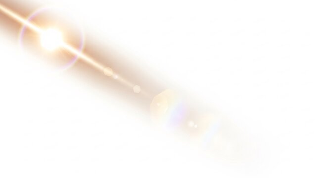 白い背景を斜めに横切る暖かく明るい光線と鮮やかなレンズフレア。まばゆい輝きと幻想的なきらめきが視覚的に心を捉えるダイナミックな光学エフェクト. AI Generated