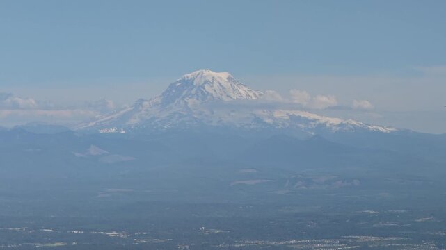 Distant view of snow-capped Mount Hood over the Columbia River Gorge