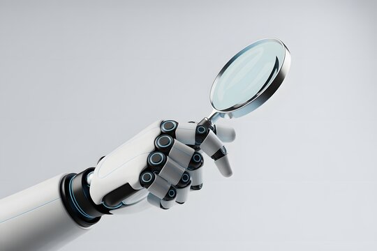 Robot hand holding a magnifying glass for scientific investigation with research
